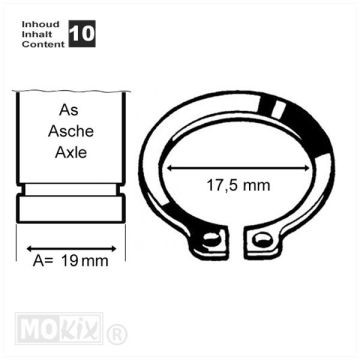 Circlip/seeerring/borgveer uitwendig 19mm-inwendig 17,5mm 10 stuks