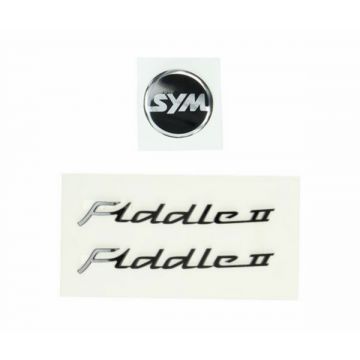 Stickerset/embleemset SYM Fiddle 2 3D dik hoogglans zwart 3-delig