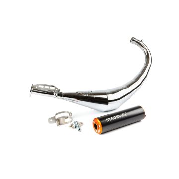 Uitlaat Stage6 streetrace chroom onderlangs Derbi Senda, Minarelli AM6 zwart/oranje (50-80cc)