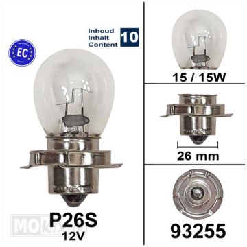 Lamp S3 P26S 12V 15W kraag 10 stuks-93255