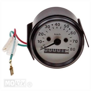 Kilometerteller universeel rond inbouwdiameter 60mm 80 km/u model VDO wit onder andere Puch Maxi/Tomos A3-A35