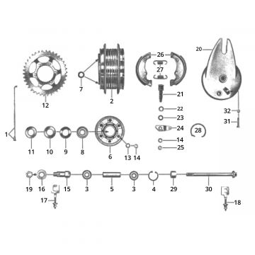 Achterwielnaaf - Achtertandwiel - Remschoenen Zundapp GTS 50 517-39L0
