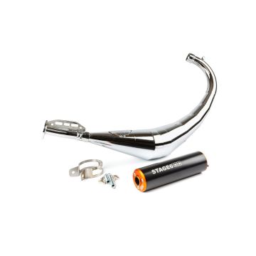 Uitlaat Stage6 streetrace chroom onderlangs Derbi Senda, Minarelli AM6 zwart/oranje (50-80cc)