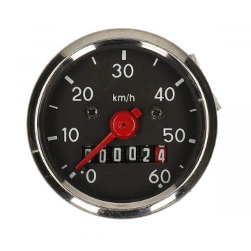 Kilometerteller universeel chroom Kreidler/Honda Camino/Puch/Zundapp/Simson 60km/h zwart/chroom 48mm universeel