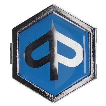 Logo klikbaar (Piaggio) blauw/chroom voorscherm Piaggio Sfera/Hexagon/Vespa Cosa/ET2/ET4/Beverly/Hexagon/Liberty/Skipper/SKR/Quartz/X8/X9/Zip/Zip 2000→