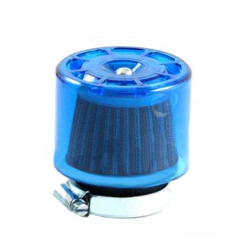 Powerfilter/luchtfilter open universeel 35mm aansluiting carburateur type K&N met blauwe doorzichtige kap Supertec