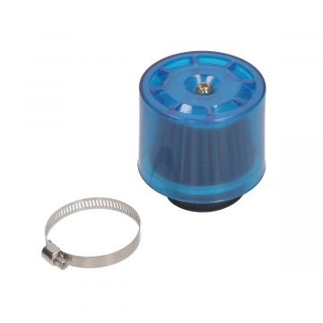 Powerfilter/luchtfilter open universeel 38mm aansluiting carburateur type K&N met blauwe doorzichtige kap Supertec