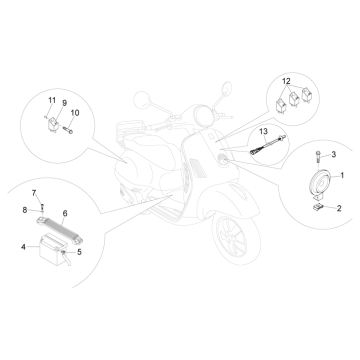 Accu - Claxon - Startschakelaar Vespa GTS 250 ie 2005-2016 (zonder ABS)
