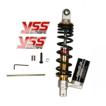 Schokbreker met gastank YSS G-Serie 310mm (hart-hart boutgat) zwart/goud Minarelli-Peugeot horizontaal-verticaal 50cc 2-takt (geen Zenith)