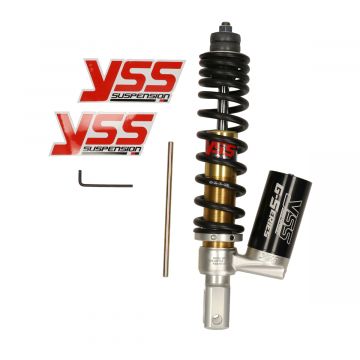 Schokbreker met gastank YSS G-Serie 285mm (hart-hart boutgat) zwart/goud Gilera-Piaggio 50cc 2-takt (geen Aprilia SR met Piaggio motorblok)