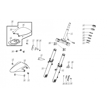 Voorvork - Kroonstuk - Balhoofdstel - Voorspatbord Kymco Super8 Street 50i Euro 4 matzwart