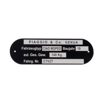 Framenummerplaatje/typeaanduiding  OEM kwaliteit Piaggio and Co Ciao Moped *C7V2T*