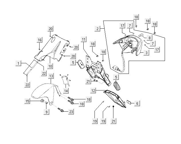 Achterlicht - Achterspatbord Kymco Super9 50 2-takt LC oud model matzwart-geel