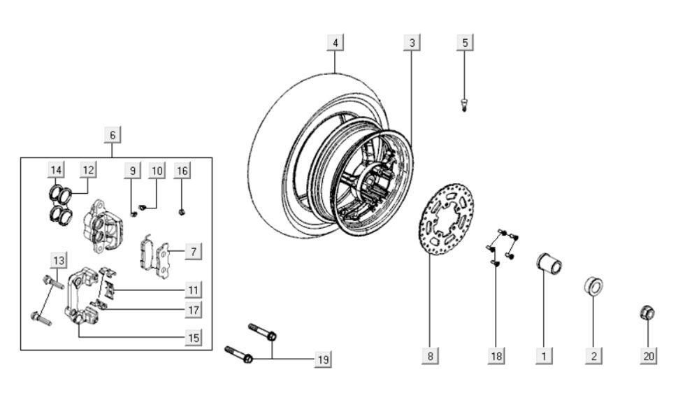 Achterwiel - Remschijf - Remklauw Kymco Downtown 300i wit