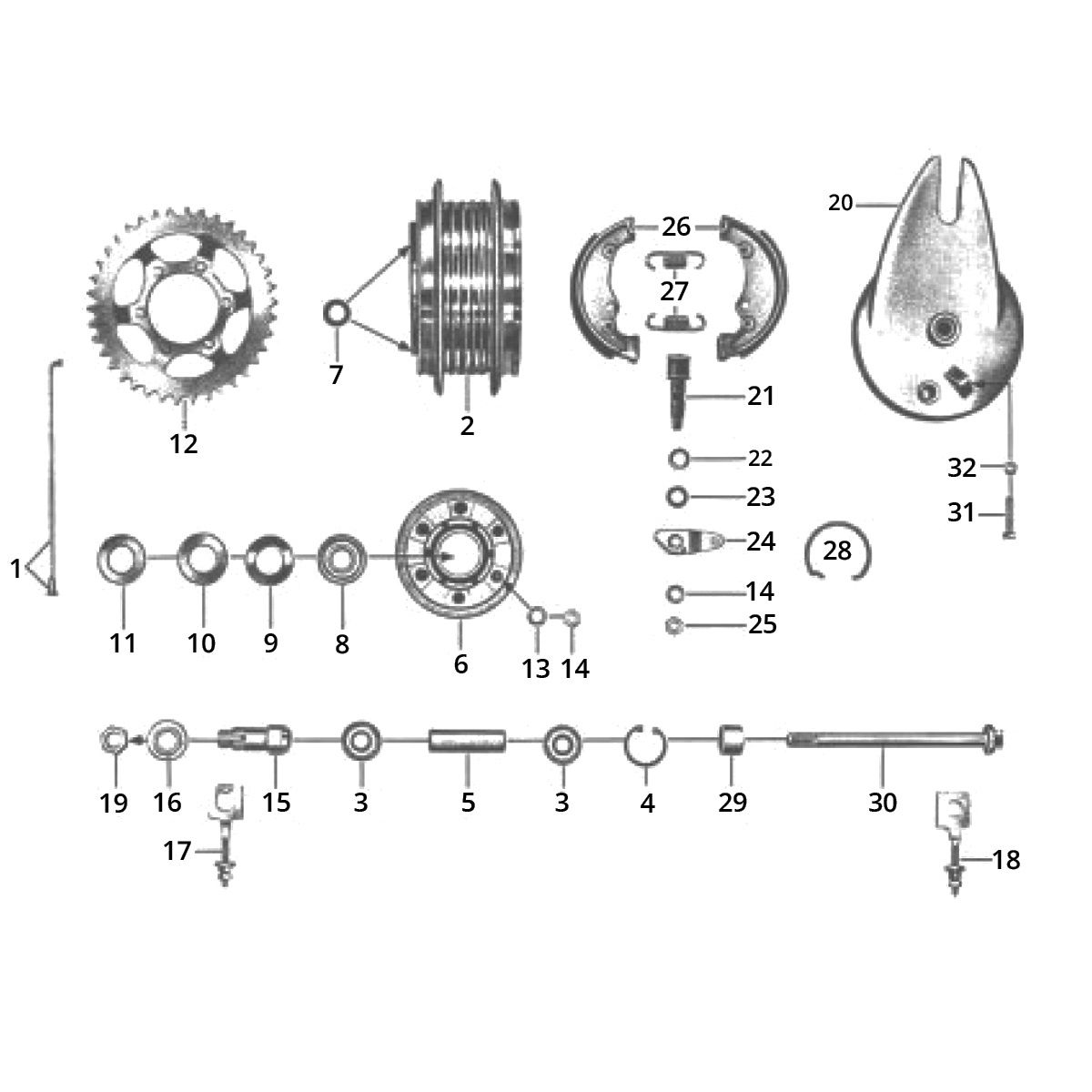 Achterwielnaaf - Achtertandwiel - Remschoenen Zundapp GTS 50 517-40L5