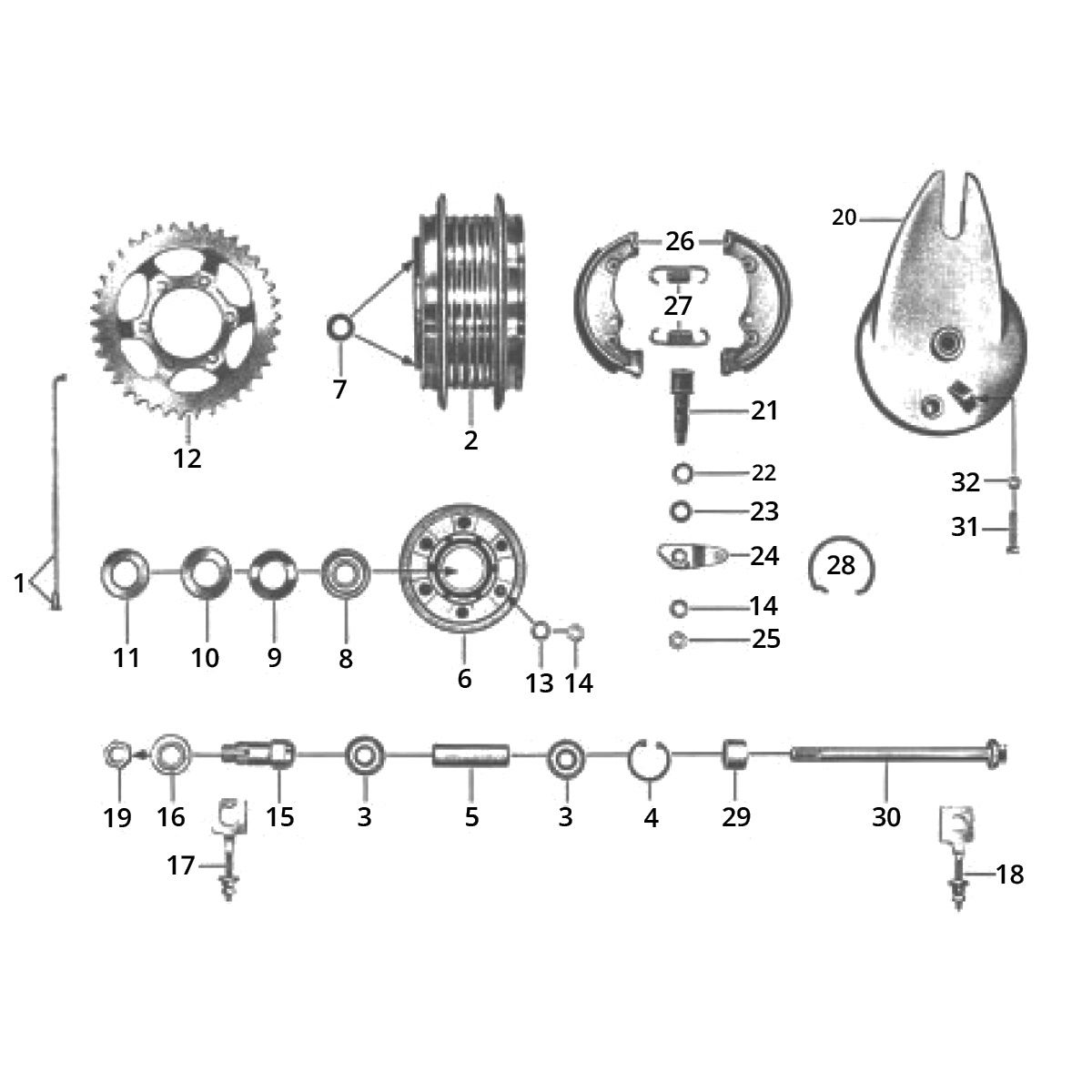Achterwielnaaf - Achtertandwiel - Remschoenen Zundapp GTS 50 517-40L0