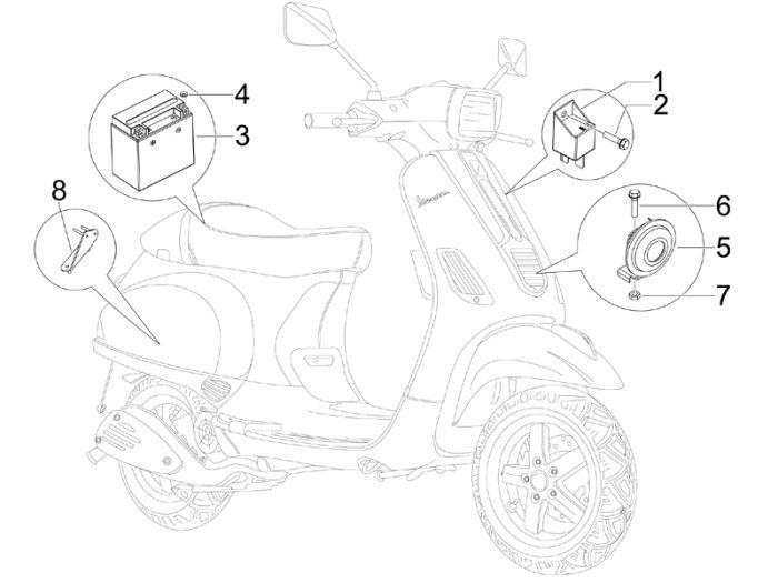 Accu - Claxon - Startrelais Vespa S 50 2-takt