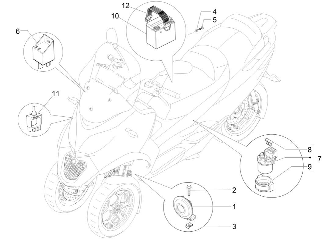 Accu - Claxon - Startrelais Piaggio MP3 300 ie LT Business - Sport (met en zonder ABS) 2016-2018