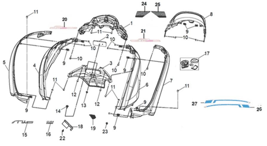 Motorschermen - Achterlicht Sym Mio 50i 4-takt AC Euro 5 grijs/zwart (GY-430C/BK-001C)