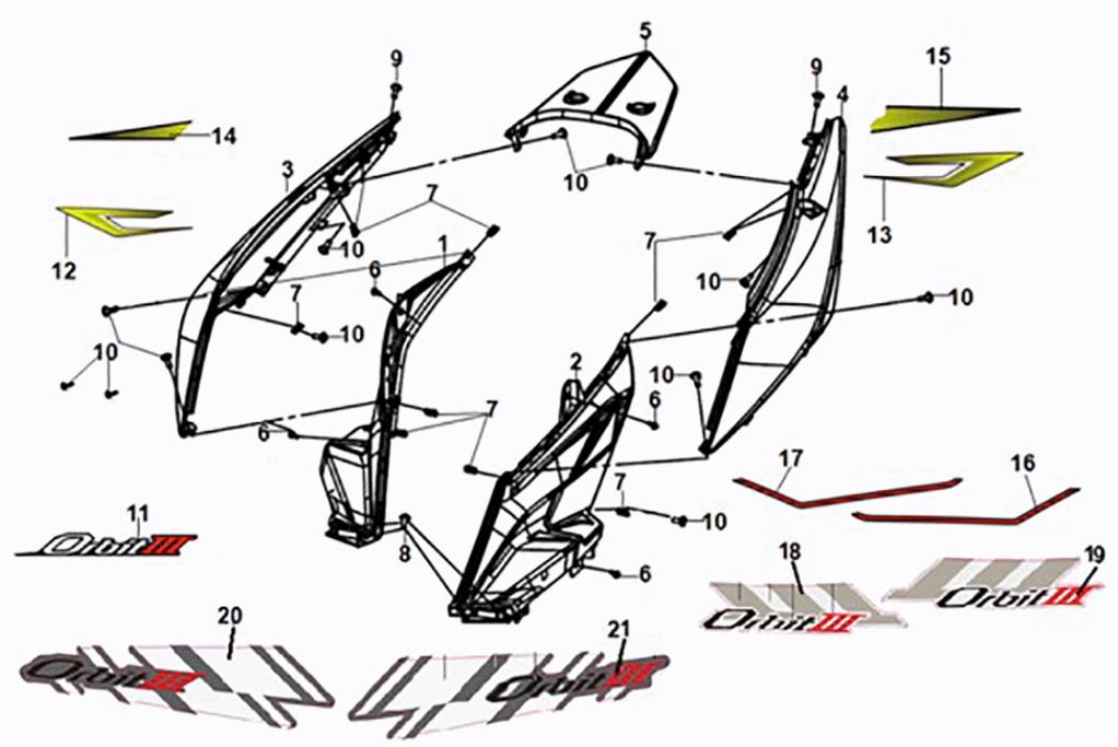 Body cover Sym Orbit III 50 E5 Matt Black/ Fluorescent Yellow (BK-007U/Y102C)