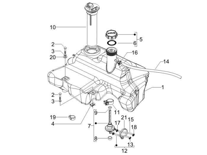 Benzinetank - Tankvlotter - Vacuümkraan Vespa S 50 2-takt AC