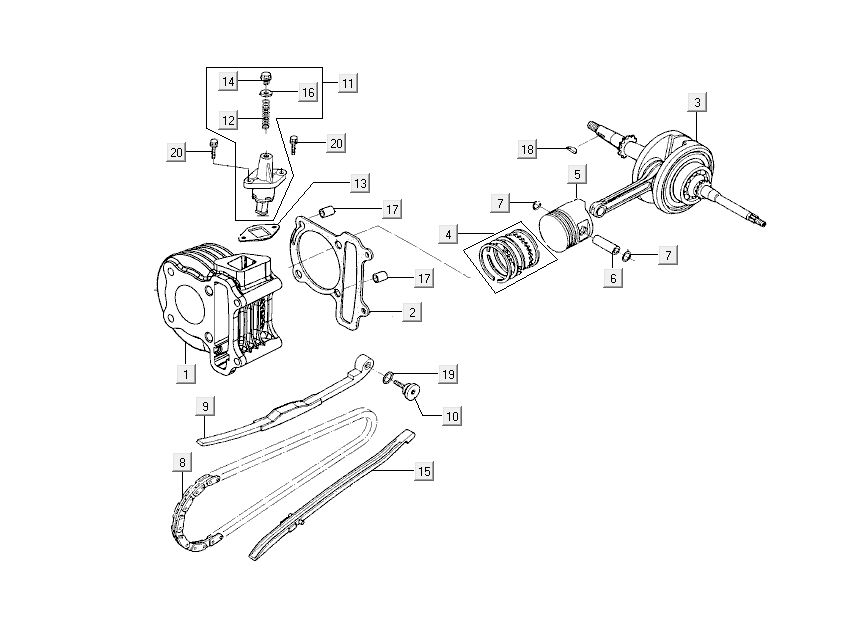 Cilinder - Zuiger - Krukas Kymco Sento 50 4-takt Spring Wit