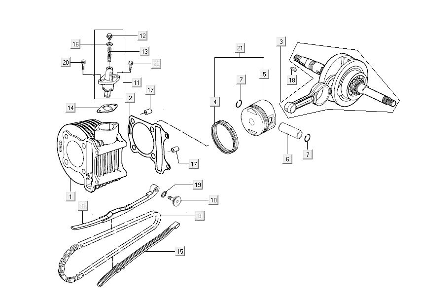Cilinder - Zuiger - Krukas Kymco New Dink 4-takt donkergrijs