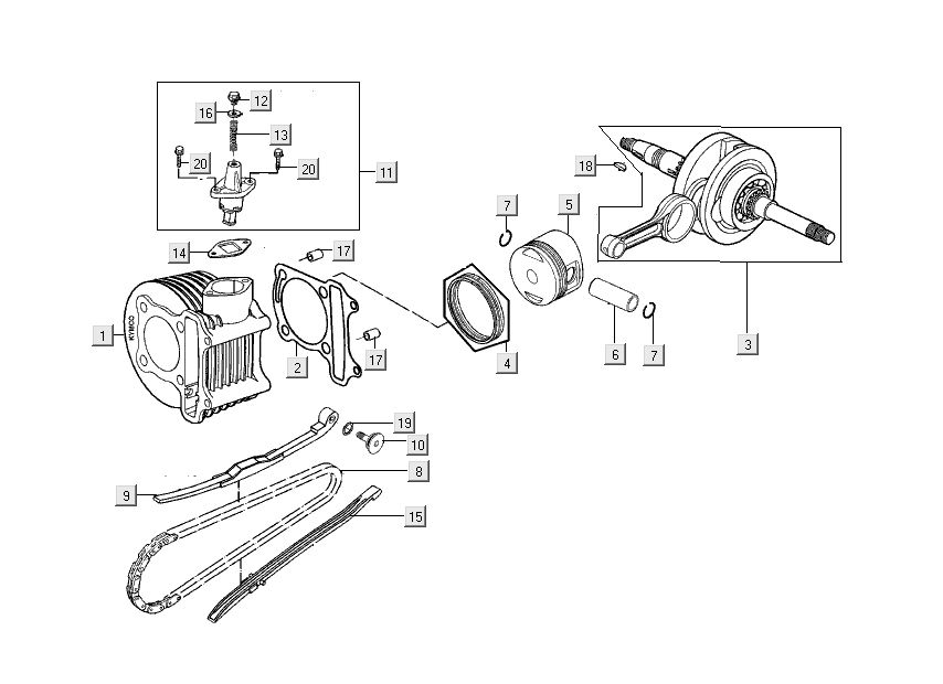 Cilinder - Zuiger - Krukas Kymco People S 50 4-takt Donker grijs