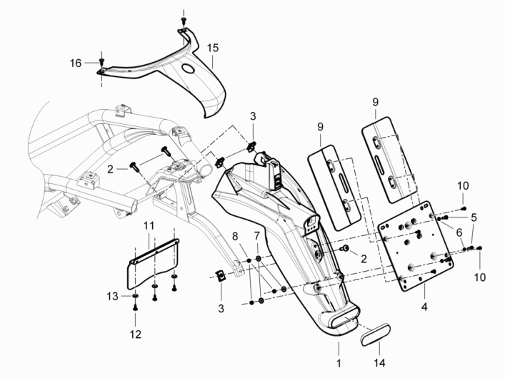 Achterspatbord Piaggio Beverly 350 Sport Touring Euro 3 2013-2014 matzwart 93/B