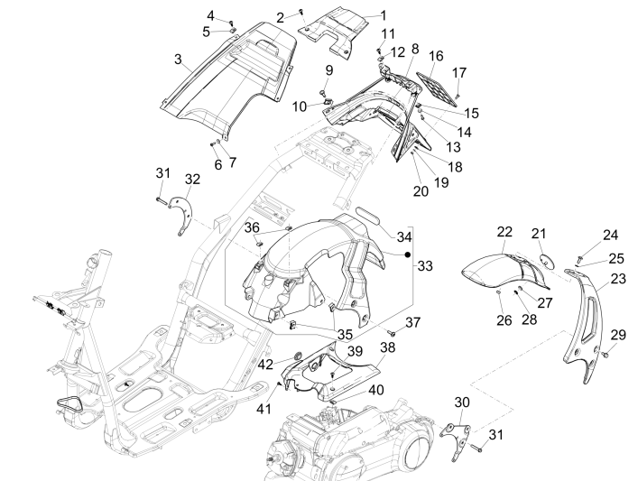 Achterspatbord Piaggio NRG Power DD 50 2-takt LC 2007-2017 matzwart 80/B