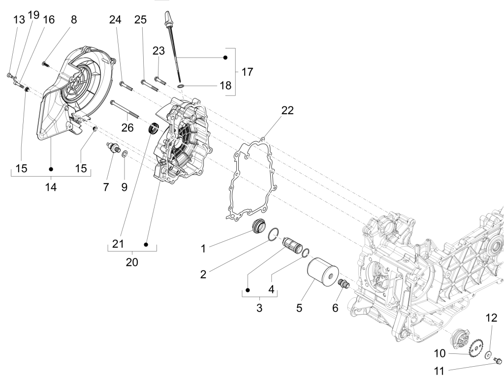 Vliegwieldeksel- Oliefilter - Peilstok Vespa Primavera 125 3V IE ABS