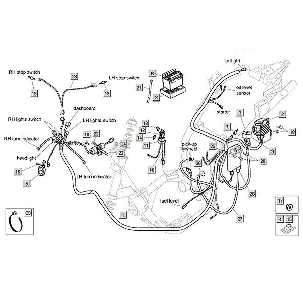 Kabelboom - Accu - Spanningsregelaar - Claxon Aprilia Mojito Custom 50 2-takt (Piaggio motor) 2004-2010