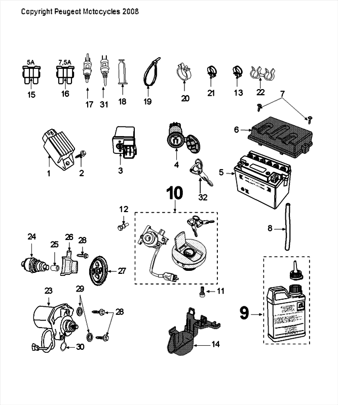 Elektrische delen - Bendix - Startmotor - Accu Peugeot Speedfight 4 50 2-takt LC zwartblauw
