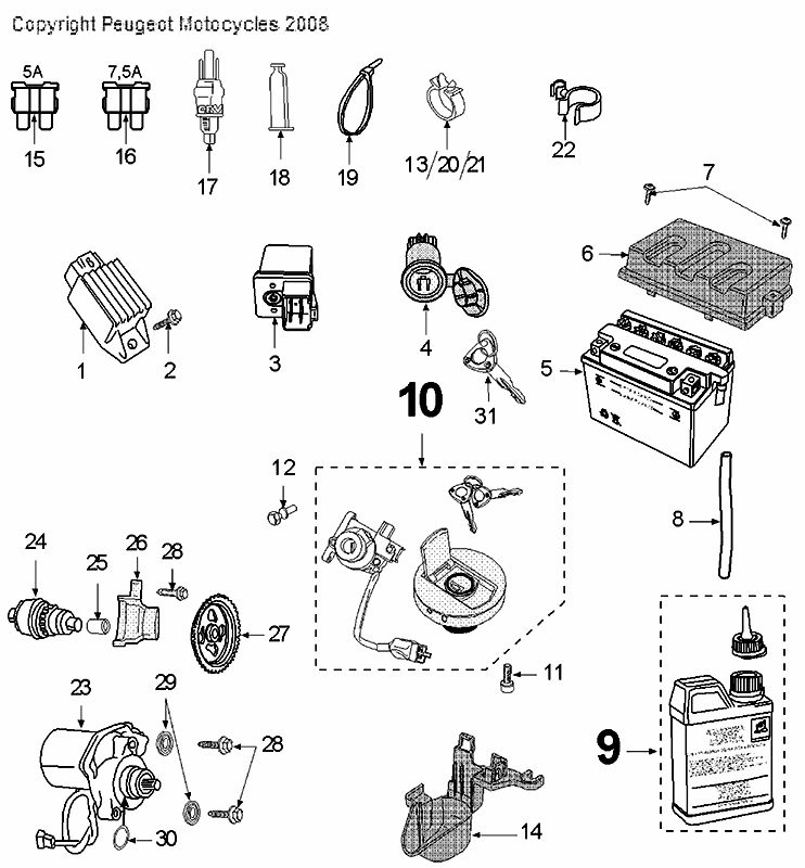 Elektrische delen - Bendix - Startmotor - Accu Peugeot Speedfight 3 50 2-takt LC zwart