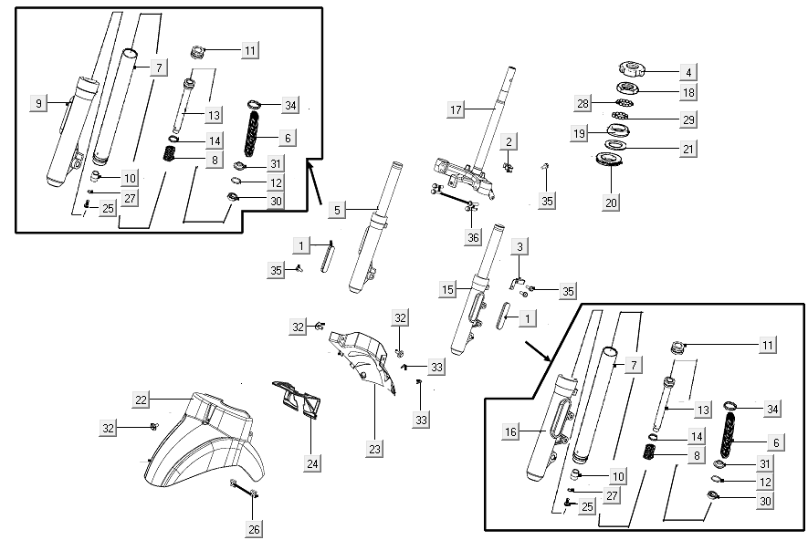 Voorvork - Balhoofdstel Kymco New Like 150i Euro 4