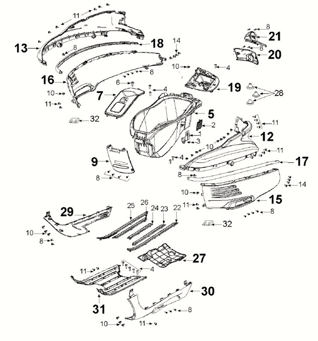 Motorschermen - Helmbak - Treeplank -Side skirts Peugeot Django 4-takt Euro 5 Deep Ocean Blue/ Mad Grey (S5)