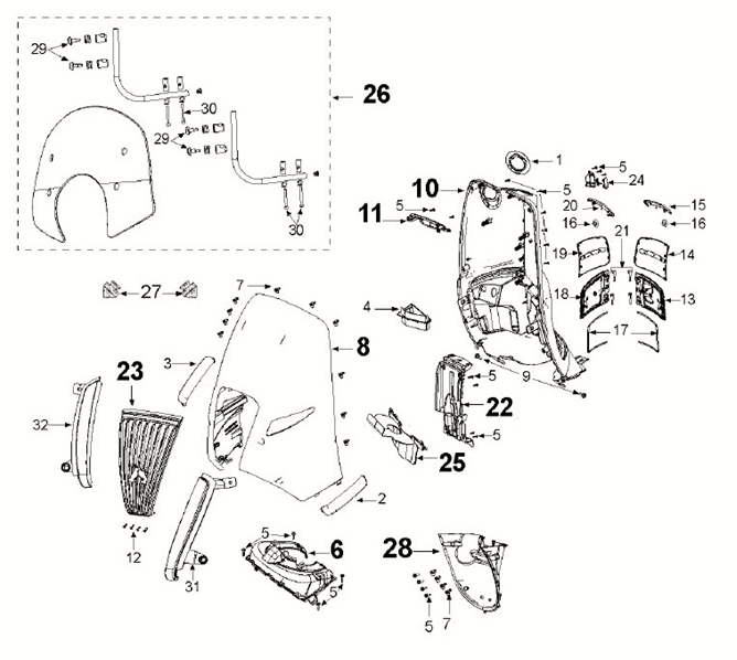 Fairing front Peugeot Django 4-takt E5 Milky White/ Dragon Red (G9)