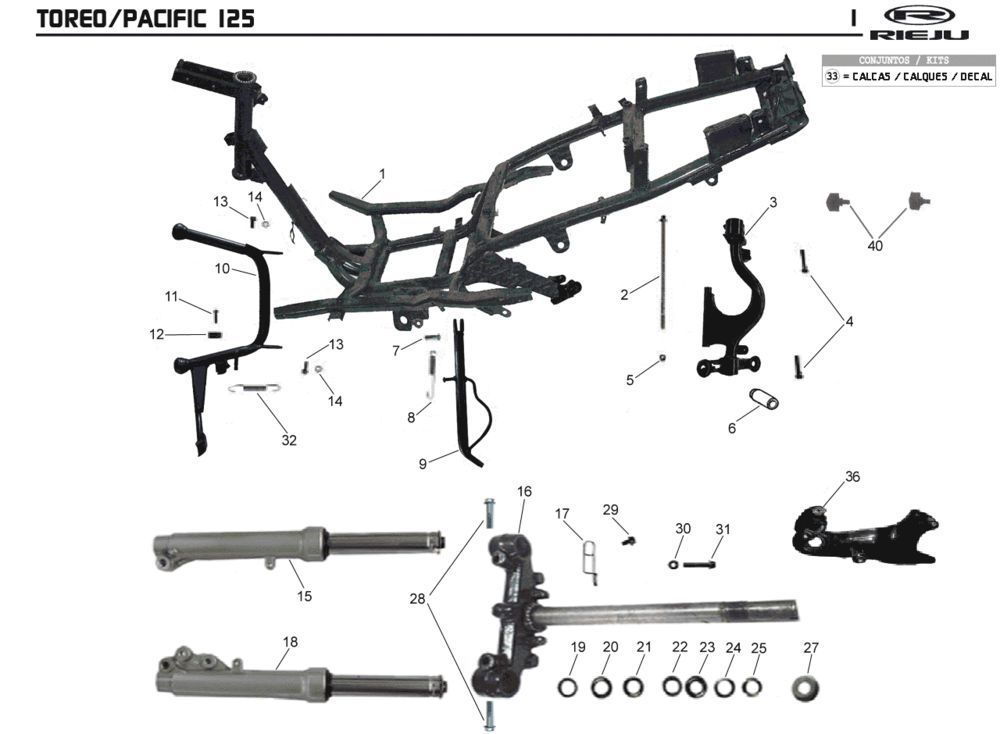 Frame- Voorvork Rieju Pacific 125 grijs 2-takt