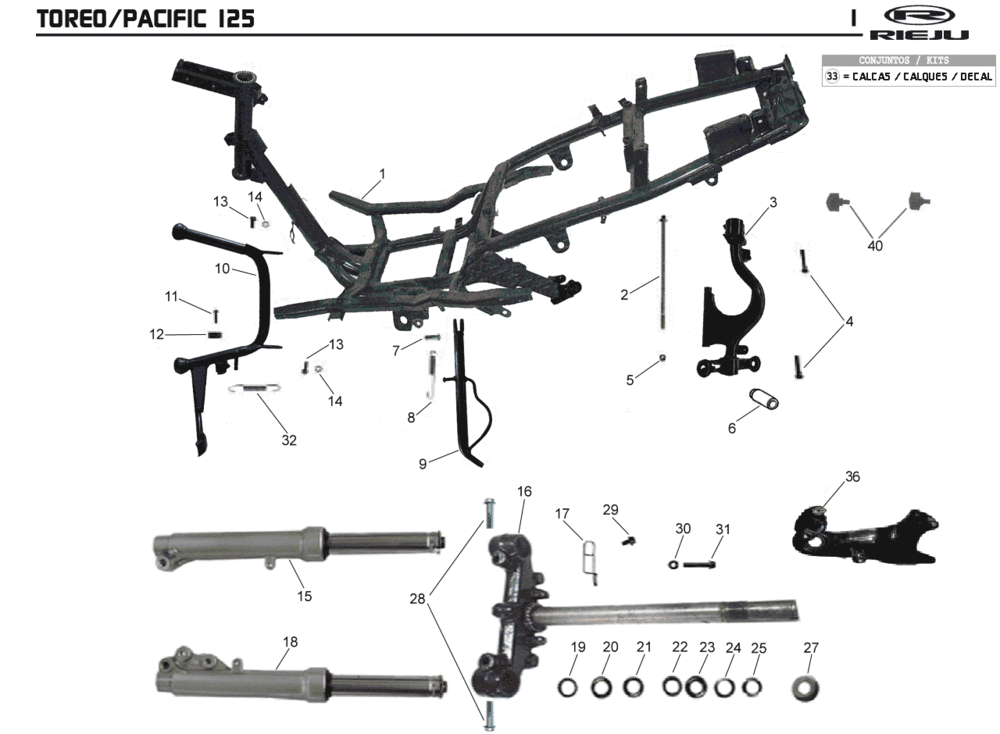 Frame- Voorvork Rieju Pacific 125 rood 2-takt