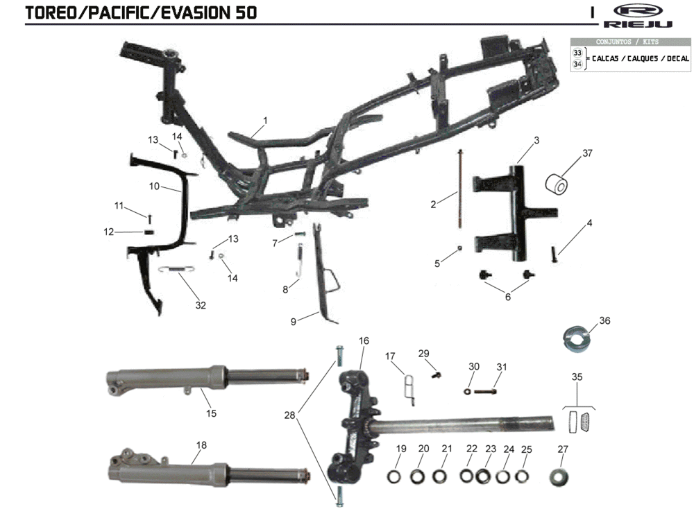 Frame- Voorvork Rieju Pacific rood 2009 2-takt