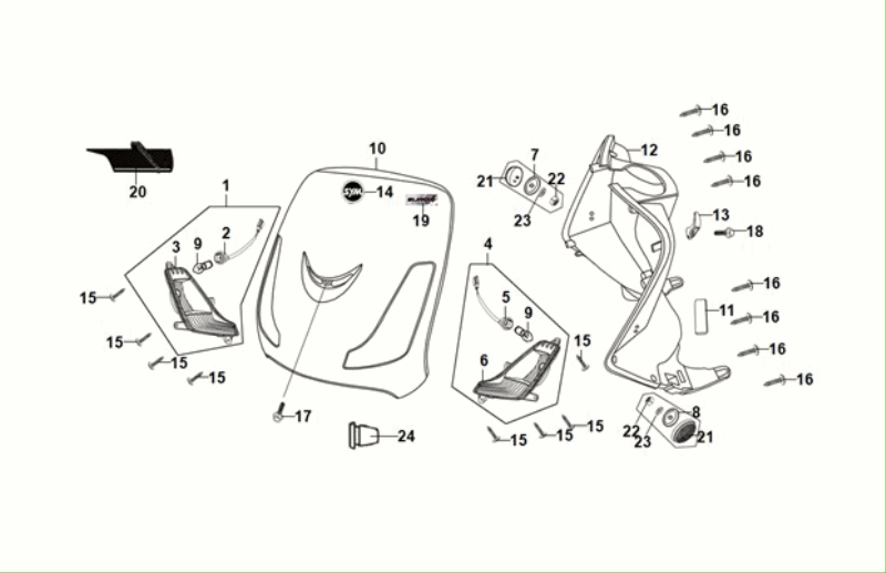 Voorkap - Beenschild - Knipperlichten voorzijde Sym Fiddle ll Euro 5 Matt Green (GN-371U)
