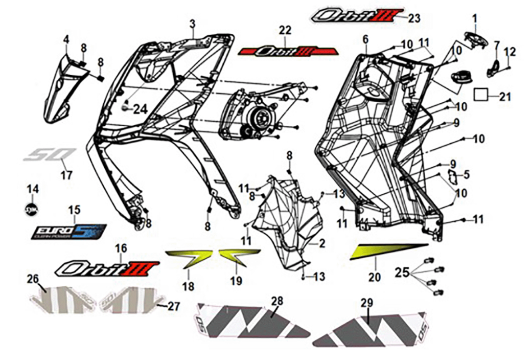 Front cover - front inner box Sym Orbit III 50 E5 Matt Black (BK-007U)