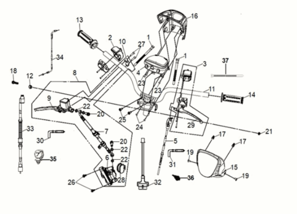 Stuur - Stuurschakelaars - Kilometerteller - Remsysteem Sym Mio 50i 4-takt AC Euro 5 grijs/zwart (GY-430C/BK-001C)