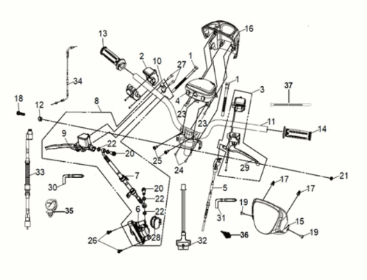 Stuur - Stuurschakelaars - Kilometerteller - Remsysteem Sym Mio 50i 4-takt AC Euro 5 grijs/zwart (BK-2593U/BK-001C)