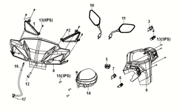 Stuurkappen - Kilometerteller - Spiegels - Knipperlichten voorzijde Sym E-X-Pro 2020-2021 45km/u wit (WH-8018P)