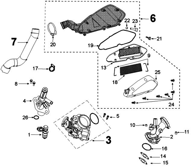 Gasklephuis - Injector - Inlaatspruitstuk - Luchtfilter Peugeot Kisbee/ Django origineel Euro 4 2018→ Injection system Peugeot Kisbee 4-takt E5
