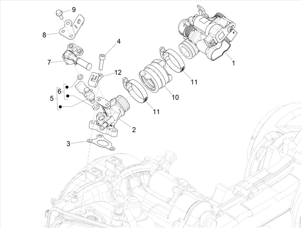 Gasklephuis - Injector - Inlaatspruitstuk Vespa Primavera 50 4-takt IGET 3V Euro 5