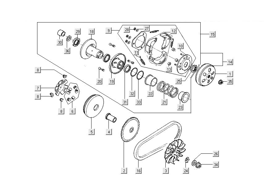 Variateur - Koppeling - V-snaar Kymco Super8 Street 50 4-takt rood