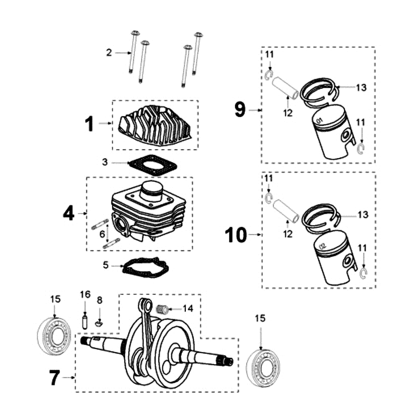 Krukas - Cilinder (aluminium) - Zuiger - Cilinderkop Pulsair Peugeot Ludix 12 zwart