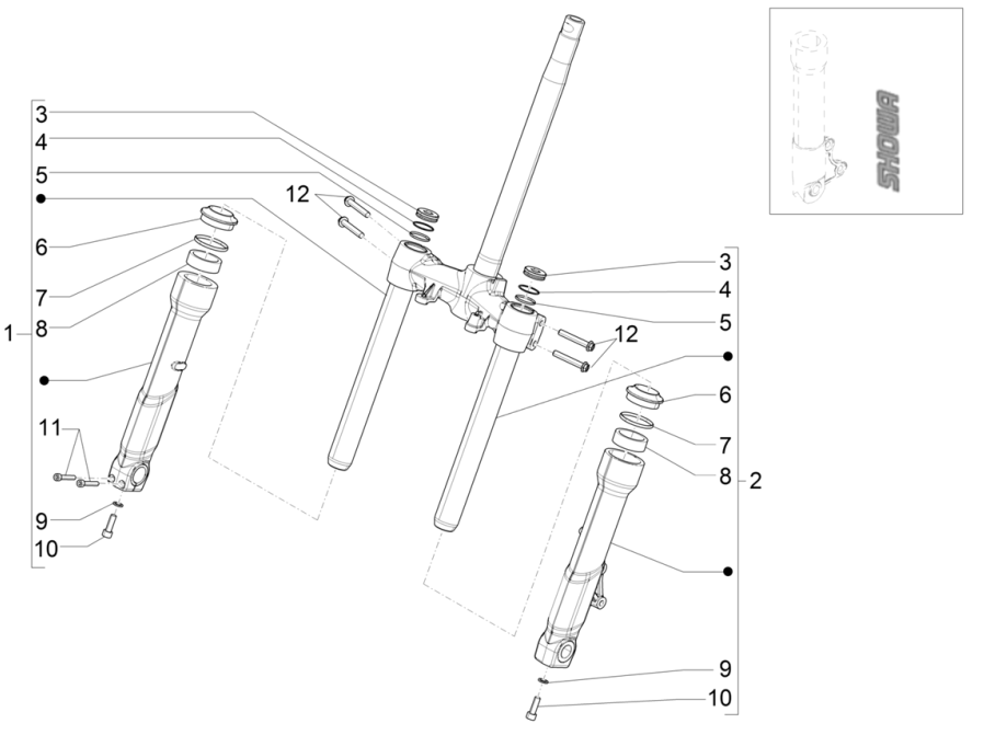 Voorvork onderdelen (Showa) Piaggio Beverly 300 HPE 4V ABS Euro 5 2021-2022